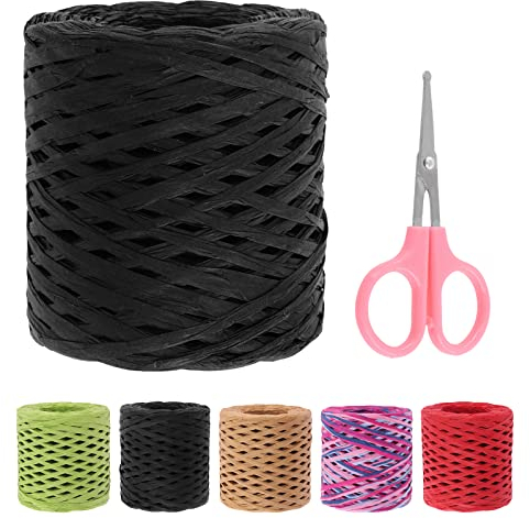 Swpeet 1 rollo de hermosa cinta de papel de rafia negra de 218 yardas con tijeras, kit surtido de cuerda de rafia natural, cordel de papel kraft para regalos, suministros de bricolaje, ramos de