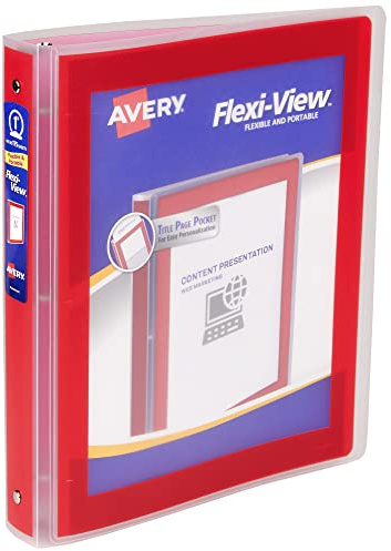 Avery Flexi-View 3 Ring Binder, 1 Inch Round Rings, 1 Red Binder (17606) | For School, Home and Office Organization, Preprinted Cover Frame, Interior Storage Pocket, Business Card Holder, Nonstick