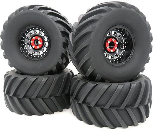 hobbysoul Einstellbare 4 Offsets 2,2 Beadlock Räder und Reifen, Schwarze 2,2 Felgen und Höhe 5,12Zoll / 130mm Reifen Für RC Mud Crawler Trail Tractor Axial Capra Wraith, (4 Stück, montiert)