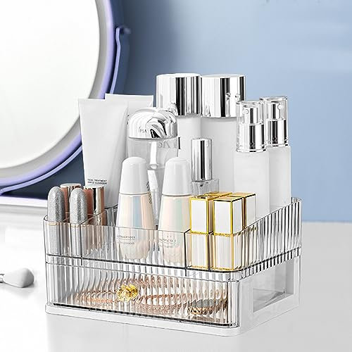 OKUYAN Clear 2-Tier Makeup Organiser Tray - Desk and Dressing Table Organizer for Skincare and Cosmetics - Acrylic Storage Box With Drawers for Vanity and Bathroom
