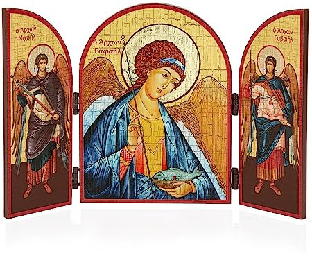 NKlaus Erzengel Raphael Ikone Triptychon Holz 25x16cm Christlich 13805