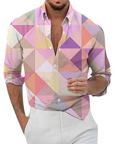 IQYU Chemises pour homme rétro décontracté avec imprimé géométrique ample à manches longues boutonnées style port chemise florale plage hawaïenne d'été pour homme chemise lignée, Rose, XXXL