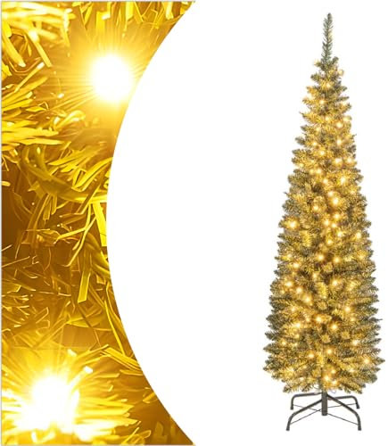 SPOTRAVEL 5FT/6FT Slim Pencil Christmas Tree, Pre-lit Festival Xmas Tree with Foldable Metal Stand, 296/390 Branch Tips & 150/180 Warm LED Lights, Decoration Xmas Tree for Home Office School (5FT)