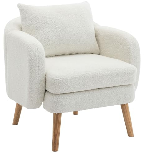 Merax Fauteuil en velours Teddy avec coussin, fauteuil lounge avec accoudoirs, pieds en bois, moderne, canapé de relaxation, fauteuil rembourré, pour salon, salle de lecture, blanc