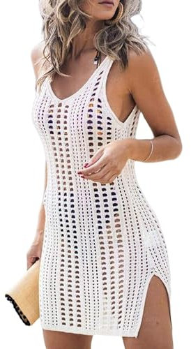 Qianderer Women Crochet Cover Up Beach Dress Swimsuit Bikini Cover Ups Bathing Suit Hollow Out Cover Up Beachwear (Ba White, M)