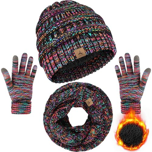 Wintermütze, Schal, Handschuhe, warme Fleece-Strickmütze, Touchscreen-Handschuhe, Halstuch-Set, Wintergeschenke für Unisex-Erwachsene