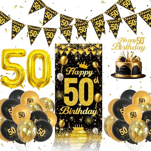 50 Geburtstagsdeko Set - Schwarz Und Gold Geburtstag Ballons, 50 Happy Birthday Banner, Tortendeko, 50 Geburtstag Mann Frau Party Deko
