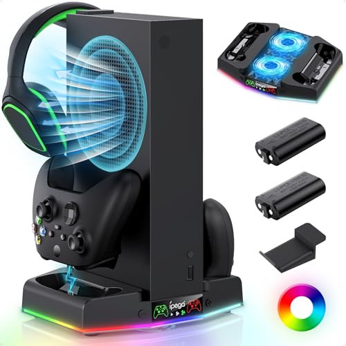 FYOUNG Cooling Stand & Charger Station for Xbox Series S, Upgrade Controller Charging Dock Accessories with 15 RGB LED Light, Cooler Fan System, 2X 1400mAh Rechargeable Battery, Headset Hook-Black