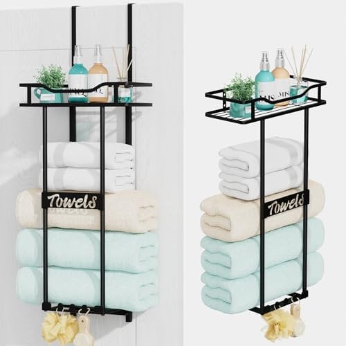 HapiRm Over Door Towel Rack - Towel Rack Wall Mounted with Metal Shelf Basket and Hooks, Space-Saving Bathroom Towel Storage, Multi-Functional Bathroom Accessories, Black