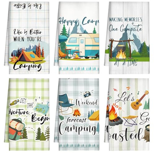 Berirexrion Camping-Küchentücher Dekor – Set mit 6 Geschirrtüchern mit Aufschrift Happy Camper, saugfähiges Geschirrhandtuch, lustige Sprüche, Geschenkidee, Zubehör für Wohnmobile, Kochen, Backen,