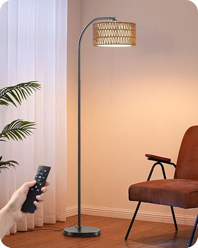 EDISHINE Lámpara de Arco Regulable para Sala de Estar, Lámpara de Pie con Casquillo E27, Bombilla LED y Control Remoto, 2700K-6000K Temperatura de Color, Regulación Continua, Cabezal Giratorio, Negro