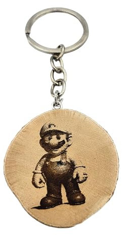 Promotech Porte-clés en bois en forme de personnage de joueur Mario fait à la main gravé au laser, Bois naturel, W5L5