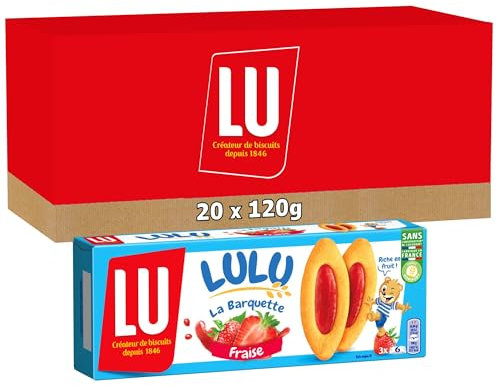 LU - LULU La Barquette Fraise - 20 Boîtes de 3 sachets de 6 Biscuits Lulu La Barquette à la Fraise - Biscuit Moelleux Fourré à la Fraise - Idéal à Emporter pour le Goûter des Enfants - Lot de 20x120g