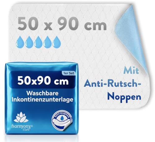 Harmony Care® Inkontinenzunterlage waschbar 50x90 cm [mit Anti-Rutsch-Noppen] - 1X rutschfeste Inkontinenzauflage - atmungsaktive Inkontinenz Bettunterlage