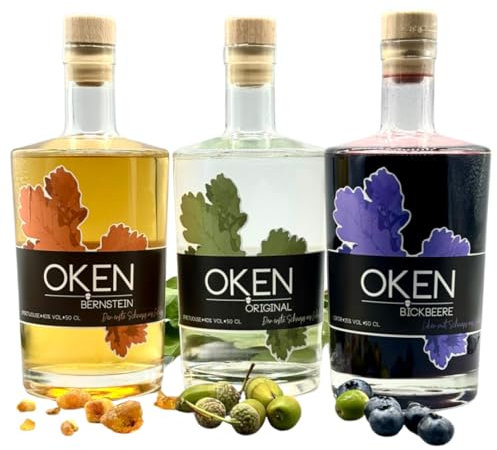 OKEN Dreierpack Edelbrand und Likör aus Eicheln – Edelbrand aus Eicheln, Holzgelagerter Edelbrand und Blaubeerlikör – Von Hand hergestellte Spirituosen und Liköre – Schnaps Flaschen 3x 0.5 Liter