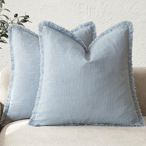 Foindtower Dekorative Leinen-Kissenbezüge im Boho-Stil mit Fransen, Landhaus-Kissenbezug mit Quasten, weich, für Couch, Stuhl, Bett, Wohnzimmer, Inneneinrichtung, 2 Stück, 45,7 x 45,7 cm, Himmelblau