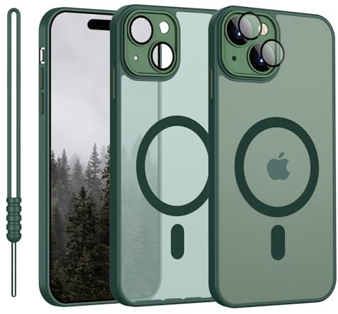 YUANDMI Cover Magnetica per iPhone 15 Compatibile con MagSafe, Custodia Per iPhone 15 Traslucida Opaca Case Ultra-Sottile Silicone Anti-Scivolo Resistente ai Graffi, Verde Scuro