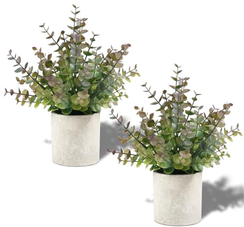 LEUCHTAMOR 2 Stück kleine Kunstpflanzen Eukalyptus-Topfpflanzen für Regal, Schreibtisch, Zuhause, Badezimmer, Landhauszimmer, Couchtisch, Innendekoration (lila)