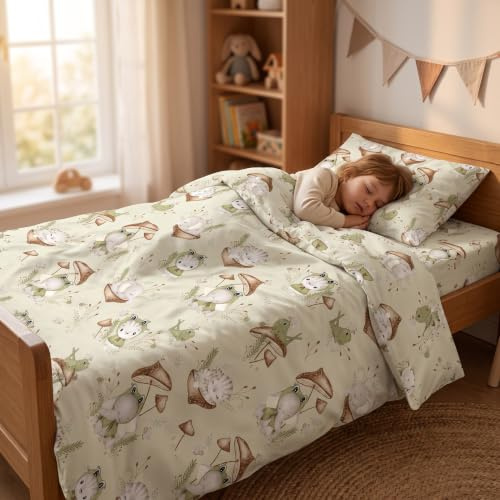 PinkZebra Baby & Kinderbettwäsche: Decke 100 x 135 cm + Kissen 40 x 60 cm, Babybettwäsche aus 100% Baumwolle, Öko-Tex Standard 100 mit Reißverschluss, Made in EU, Frosch & Freunde
