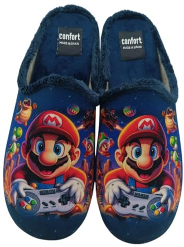 HECHO EN ESPAÑA Pantoufles antidérapantes pour enfant et homme, pantoufles détalonnées, chaussures d'intérieur, blanc, Mario et ses amis, 42 EU