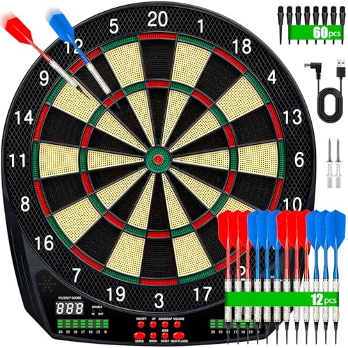 Elektronische Dartscheibe, Profi Dart Scheibe mit 35 Spielen, LCD-Display, Sprachansage, für 1-8 Spieler, Soft-Tip Pfeile, Netz-& Batteriebetrieb, Elektronische Dartboards mit Schutzring, Auto-Scoring