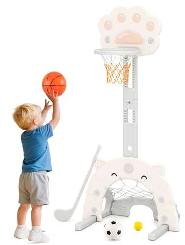 FANTASK Kinder Basketballkorb Set, 3 in 1 Basketballständer höhenverstellbar mit faltbarem Korb für Basketball Fußball Golfspiel, Multifunktions Spielkorb Indoor Outdoor für Kinder ab 3 Jahren, Beige