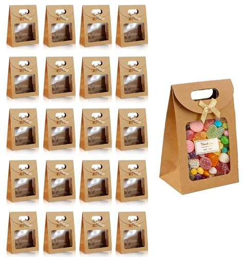 20 Stück Geschenktüte Mit Fenster,16 x 12 x 6cm,Kraftpapier Geschenktüte,Geschenk Tüte,Braune Papiertüten,Kraftpapier Geschenktüte Mit Fenster,Für Verpacken Süßigkeiten Keksen Pralinen Keksen Gesche
