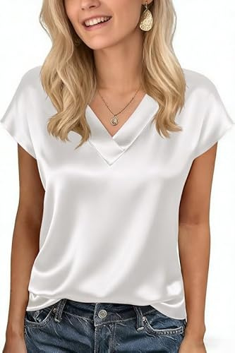Xiaoliny Camicia Donna Elegante Blusa in Raso di Seta Casual T-Shirt Maniche Corte con Scollo a V Camicetta Satin Basic Top Estivo Larghe Maglia Semplice Chic Maglietta per Tempo Libero Festa Ufficio