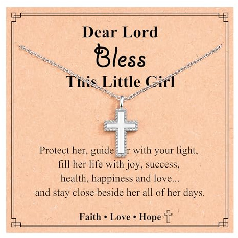 DEKALN Christening Gifts for Girls, Silver Cross Necklace for Teens | Easter Baptism Gifts for Daughter Niece Granddaughter Kids, Easter Party Bag Egg Fillers