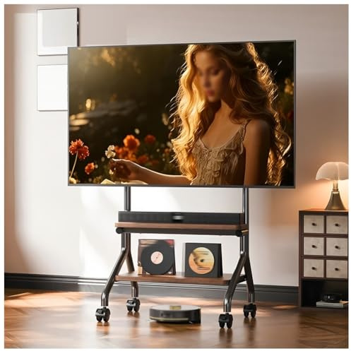 Solid Wood Mobile TV Stand With Wheels, Swivel Floor TV Mount For 50-85 Inch TVs, Rolling TV Cart, Portable TV Stand For Living Room & Bedroom