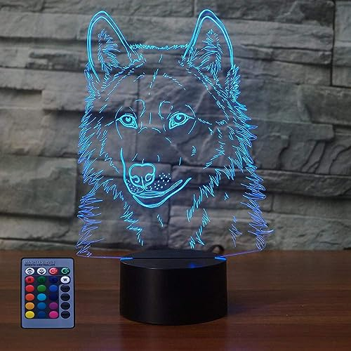HPBN8 Ltd Kreative 3D Wolf Nacht Licht Lampe USB Power Fernbedienung 7/16 Farben Amazing Optical Illusion 3D LED Lampe Formen Kinder Schlafzimmer Geburtstag Weihnachten Geschenke