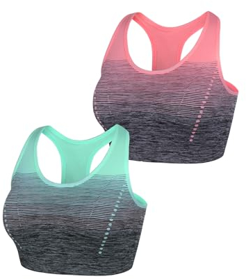 Sykooria Damen Sport BH Gepolstert Bustier Damen BH ohne Buegel Racerback Push up BH mit Farbverlauf Sport Top für Yoga Fitness, 2 PCS, Grün+pink, S