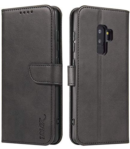 LOLFZ Wallet Case for Samsung Galaxy S9 Plus, Vintage Leather Book Case with Card Holder Kickstand Magnetic Closure Flip Case Cover for Samsung Galaxy S9 Plus - Black