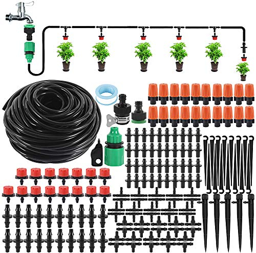 ODOMY Sistema de riego con gota de gota, 141 unidades, kit de riego a gota, sistema de dirrigación de jardín, micro riego automático, kit para jardín, paisaje, tierra, plantas y flores