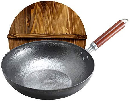 Padella Wok A Induzione, Padella 32 cm, Pentola in Ferro 100% Acciaio Al Carbonio Con Manico in Legno Rimovibile, Base Piatta Per Fornelli Elettrici, A Induzione Ea Gas, Forno Sicuro,32CM