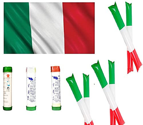 Zeus Party Kit Tifoso Italia - Bandiera Italia 90cm x 150cm + 3 Fumogeni Tricolori (Durata 60 sec) + 6 Palloni/Bastoni Gonfiabili 60cm x 10cm