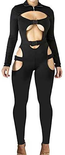 sedmoda Women Sexy Bodycon Buckle Jumpsuits Long Sleeve Hollow Out One Piece Outfits Party Club Rompers, Black, S