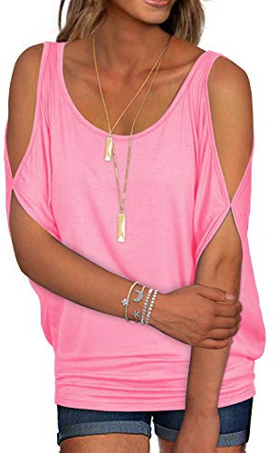 Tee Shirt Femme Rose Coton Oversize Vetement 2025 Tops D'Été Décontractés à Épaules Dénudées Manches Dolman col Rond et Coupe Ample