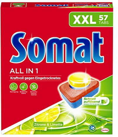 Somat Tablettes tout-en-1 pour lave-vaisselle Citron & citron vert, 57 tablettes XXL pour un nettoyage puissant avec fonction neutralisateur d'odeurs