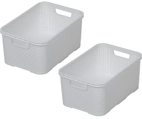 BranQ - Home essential Korb in Rattan Design 2er Set Grösse L 19 l, BPA-frei Kunststoff PP, Weiß, 38x27,8x18,5 cm, 2 Stk.