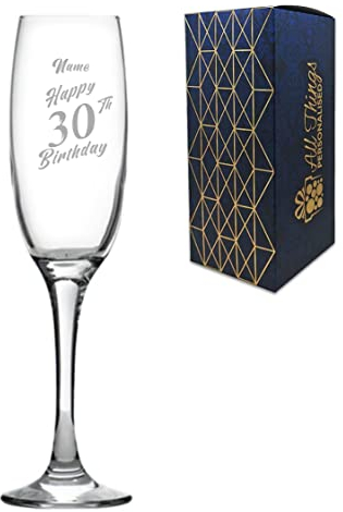 Personalised Engraved Champagne Flute Happy 30th Birthday Slanted Design Gift BoxedGlass Holds 7.43oz/220ml, Customise with Any Name, Engraved in The UK