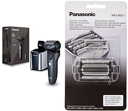 Panasonic ES-LV97-K803 Nass/Trocken-Rasierer, 5-fach-Scherkopf mit Linearmotor, inklusiv Reinigungs- und Ladestation, schwarz & WES9032Y1361 Combopack, Messer plus Folie