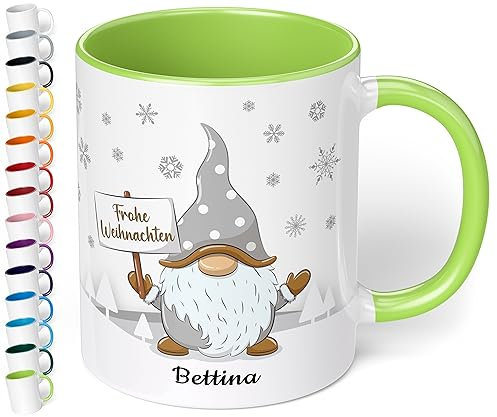 True Statements Weihnachtstasse mit Namen „Frohe Weihnachten“ - mit Gold-Wichtel-Motiv - 330ml - personalisierter Keramik Kaffee-Becher mit Spruch – Geschenk zu Weihnachten (Hellgrün)
