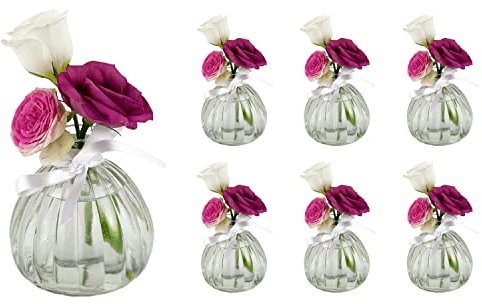 casavetro 6 x Kleine Vase mit Weiß Schleife Blumen Tisch-Vase Dekoration Hochzeit Party Set Flasche Glas klar (6 Stück)(Kürbis-OK)