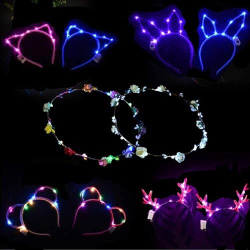 Garland Stirnband,Bunt Leucht Hairband,Weihnachten LED Haarreif,10 PCS LED Katzenohren Stirnband,Leuchtende Blumenkronen,Leuchtender Kranz für Frauen Erwachsene Kinder Party Leucht Kopfstück