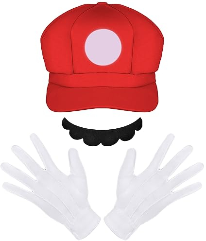 Aomig Kostüm Zubehör Mütze, Faschingkostüme Hüte mit Schnurrbärte Handschuhe, Super-Brüder Kostüm Hut Cap für Karneval Halloween Rollenspiel für Erwachsener Herren Damen(Rot)