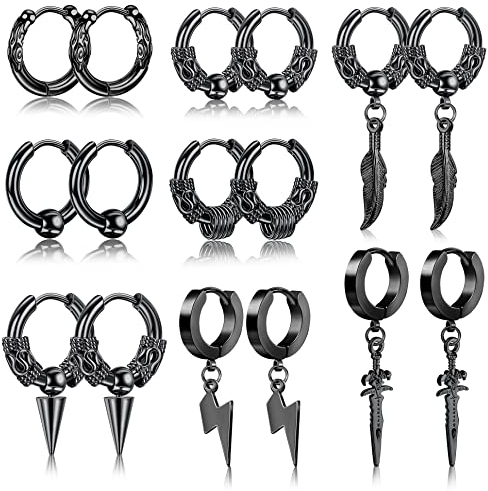 JeweBella 8Paare Ohrringe Herren Edelstahl Vintage Ohrringe Creolen Anhänger Feder Blitz Hypoallergen Punk Gothic HipHop Cool Ohrringe Knorpel Set für Männer Damen Schwarz/Silber