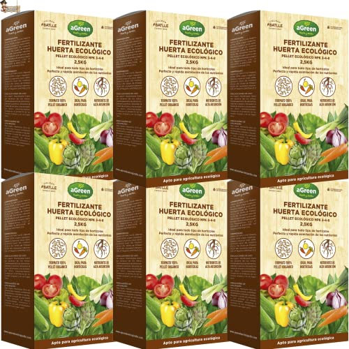 BricoLoco.com Abono huerto ecológico en pellet 100% orgánico. 15 kgs. (6x2,5kgs) Fertilizante NPK 3-4-8 con nutrientes de alta absorción especial para plantas hortícolas, tomates, pepinos, etc. (6)