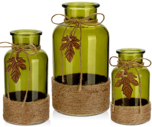 Briful Juego de 3 Jarrones de Cristal de Varios Tamaños Envueltos Con Cuerda de Yute, Jarrón Verde Con Hoja de Arce Realista para Decoración de Mesa
