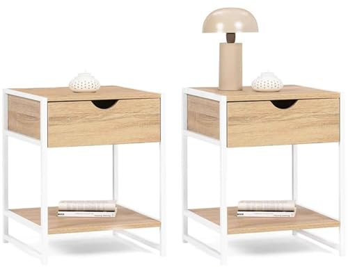 IDMarket - Lot de 2 Tables de Chevet Detroit 1 tiroir avec Tablette Bois et métal Blanc Design Industriel